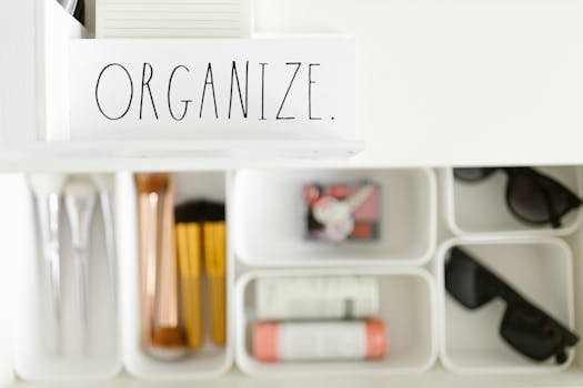 Stylish arrangement of makeup brushes, sunglasses, and accessories in white compartments with 'Organize' label.